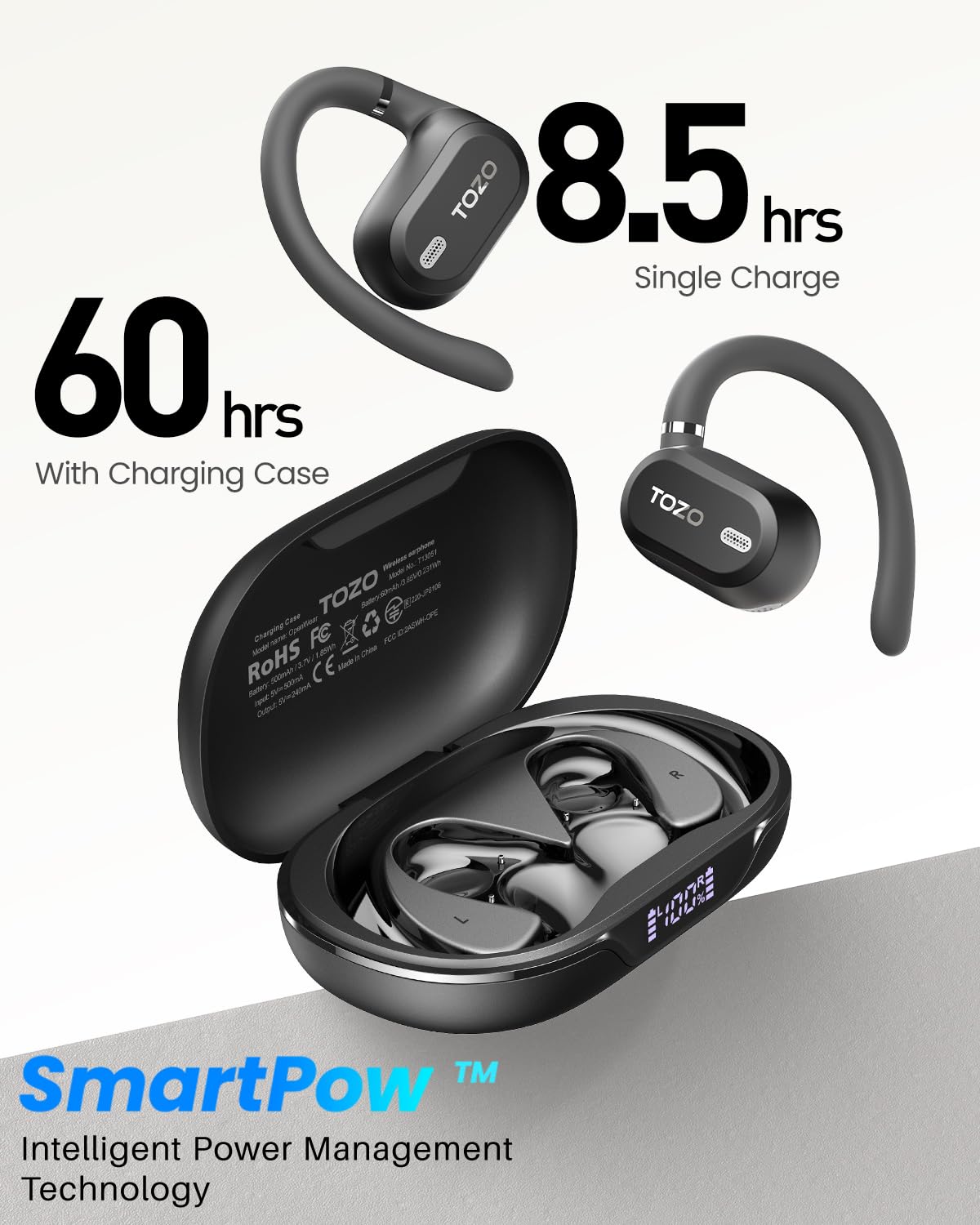 TOZO OpenWear Open Ear Earbuds, AI Translation Earbuds Real Time 145+ Languages, 60H Translator Ear Buds Audifonos Traductores Inglés Español, Bluetooth Headphones 5.4 with Smart Display for Office