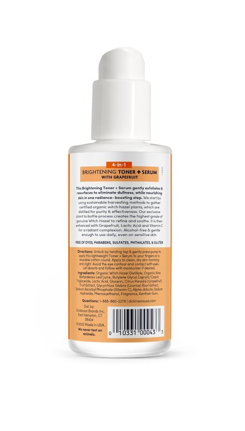 Dickinson's Original Witch Hazel Brightening Toner + Serum with Grapefruit | 100% Natural Distilled Witch Hazel | Alcohol-Free | Gently Exfoliates & Tones Skin | Refines Pores| 4 Fl Oz