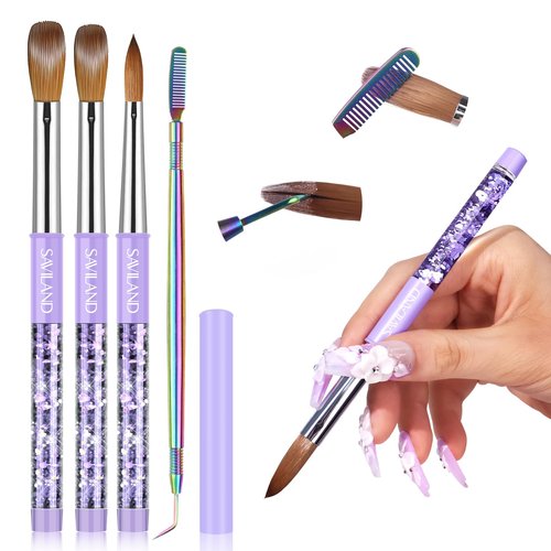 SAVILAND Kolinsky Acrylic Nail Brush Set: Sizes 6,10,14 - Professional Tool for Acrylic Powder Application & 3D Nail Art