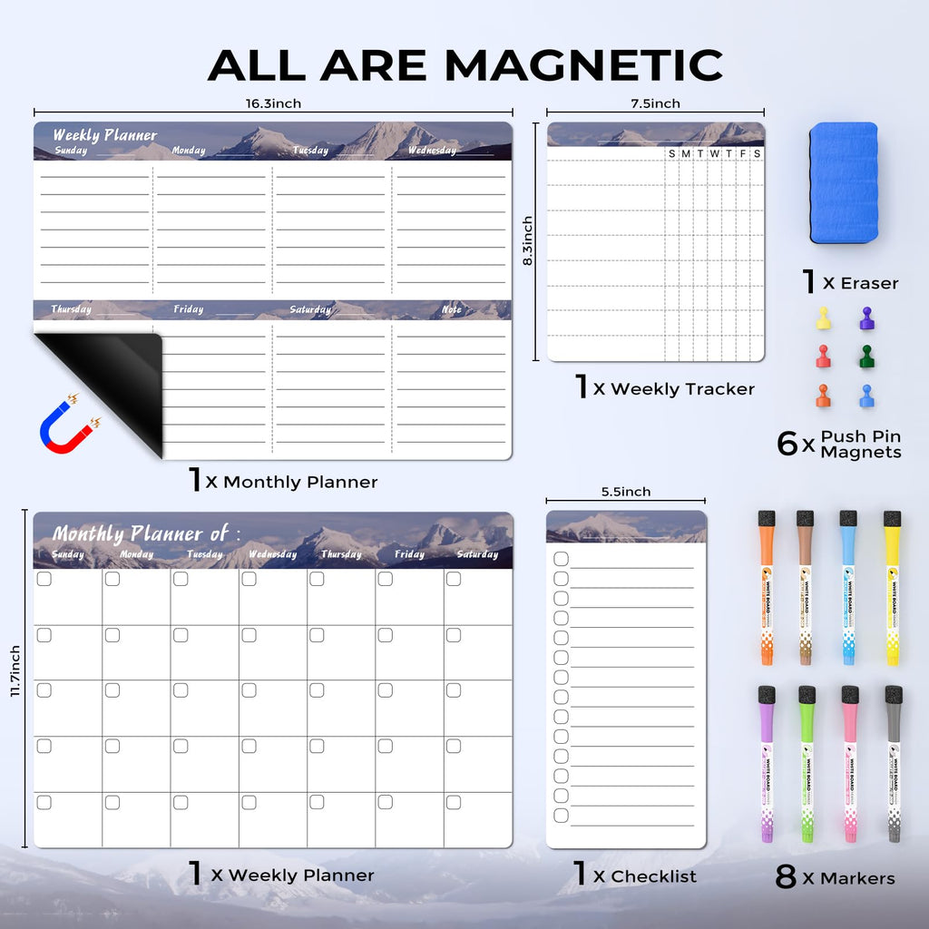 MARSROCK Refrigerator Calendar Magnetic, 16.3x11.7” (4-Pack) – Weekly & Monthly Planner, Chore Chart, Grocery/to-Do List for Fridge, Includes 8 Markers, 6 Magnets & 1 Eraser for Kitchen, Gray
