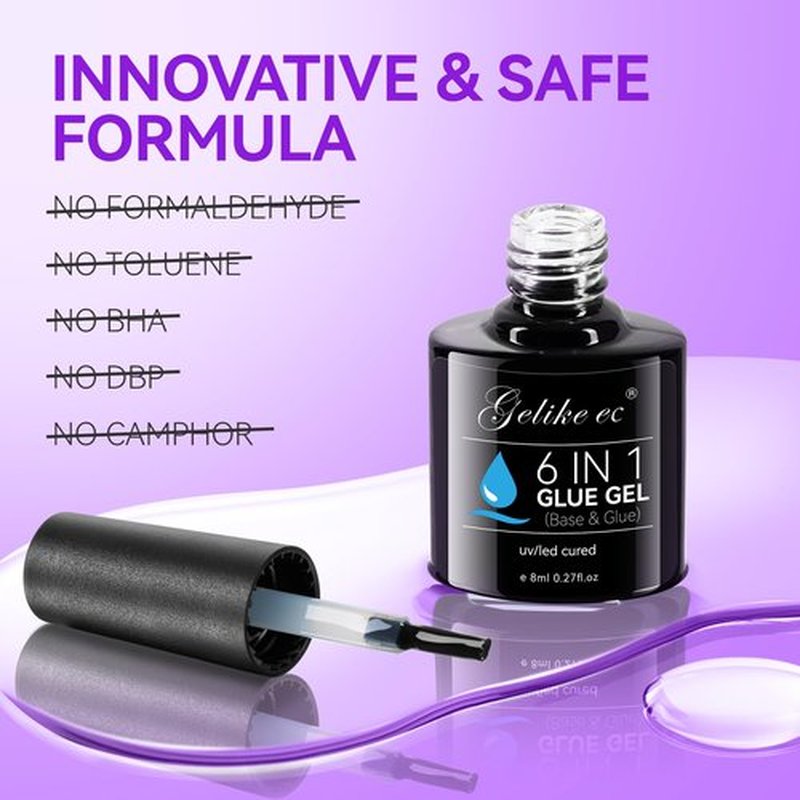 Gelike EC UV 6 in 1 Gel Nail Glue and Top Coat Kit No Wipe for Press-On Nails Gel-X Extensions Builder Gel Blooming No Pop-Off Low Odor Hema-Free Acrylic False Tips DIY at Home & Salon Art