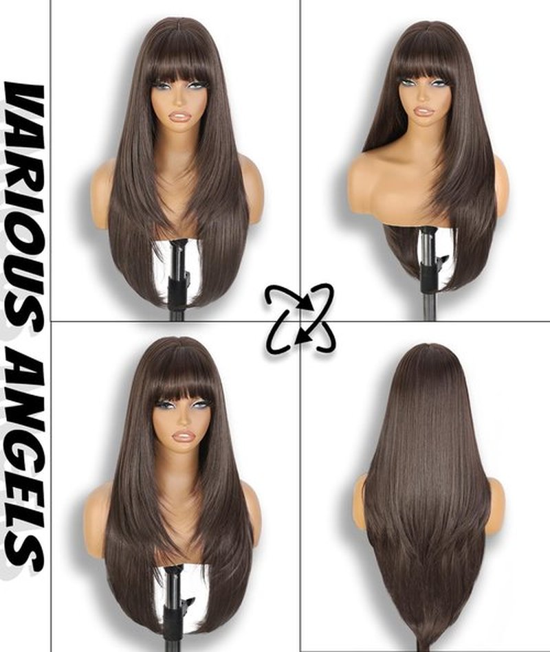 ENTRANCED STYLES Brown Wig With Bangs 26 Inch Long Straight Wigs for Women Dark Brown Layered Hair Synthetic Heat Resistant Hair for Daily Party Use