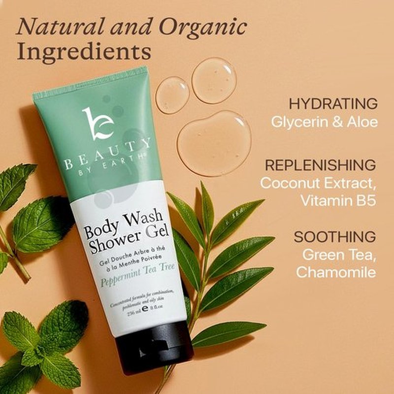Beauty by Earth Peppermint Tea Tree Oil Shower Gel - Organic Moisturizing Body Wash for Men & Women, Made in USA