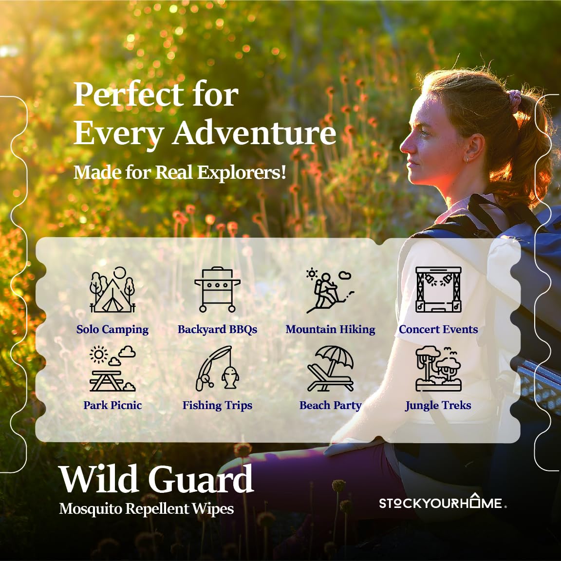 Wild Guard Mosquito Repellent Wipes (50 Pack), DEET Free Insect Repellent, Individually Wrapped Bug Wipes for Kids and Family, Travel Size for Camping, Hiking and Beach, 8 Hour Protection