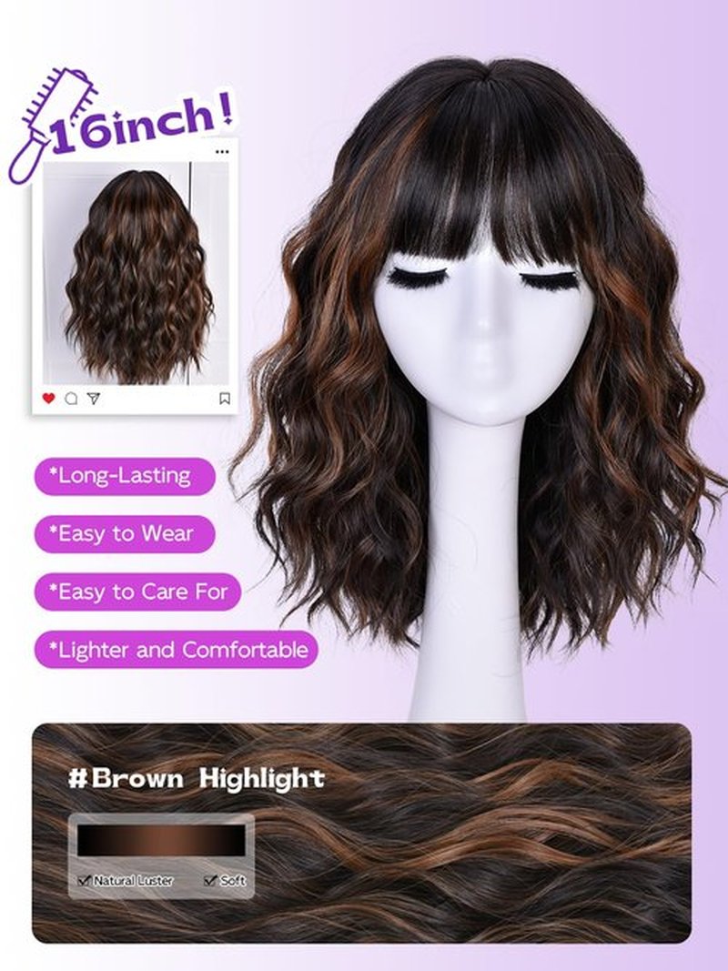 CURLCRAZY Short Wavy Wig with Bangs for Women Curly Wigs Natural Wavy Synthetic Wigs for Daily Party Cosplay(Brown Highlight)