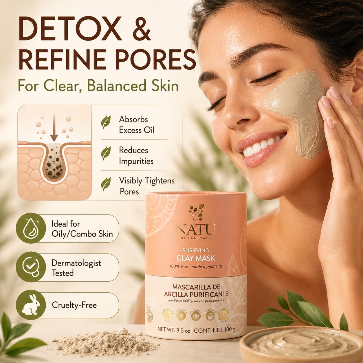 NATÚ BOTANICALS Purifying Bentonite Clay Powder Mask for Face – Deep Pore Cleansing, Oil Control, Helps Tighten, Clarify & Skin Refining Hydrating for Oily, Combination & Sensitive Skin