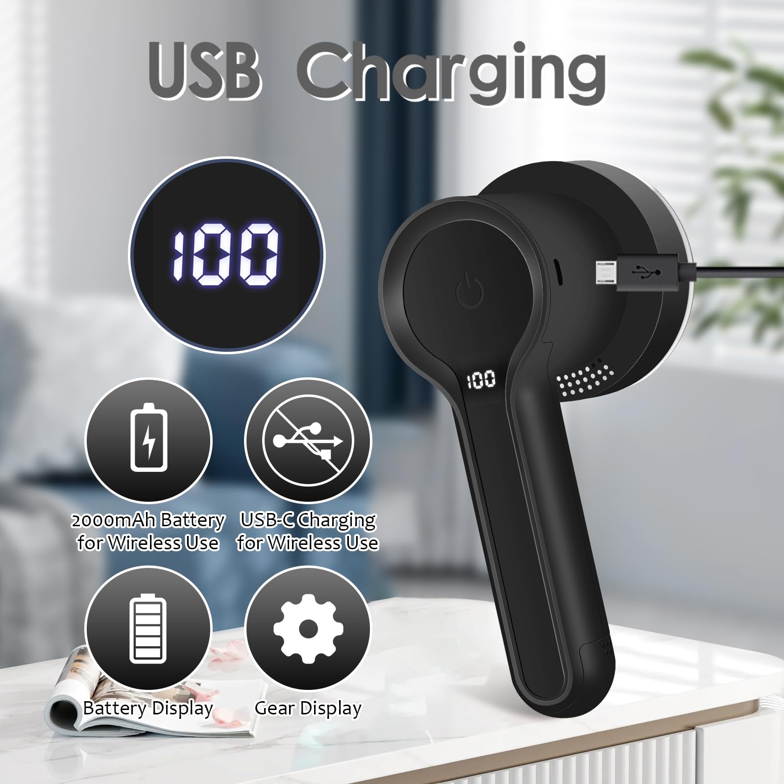 SuperLint 2-in-1 Rechargeable Fabric Shaver LED 3-Speed Lint Remover Black
