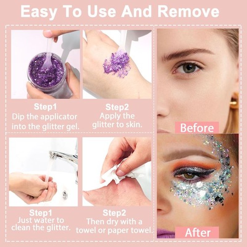 Boko 50ML Body Glitter Gel, Gold Purple Green Mardi Gras Chunky Glitter Gel for Face Hair Body Sparkle Makeup, Cosmetic Face Glitter Sequins for Mardi Gras Festival Concert Party Rave Accessories