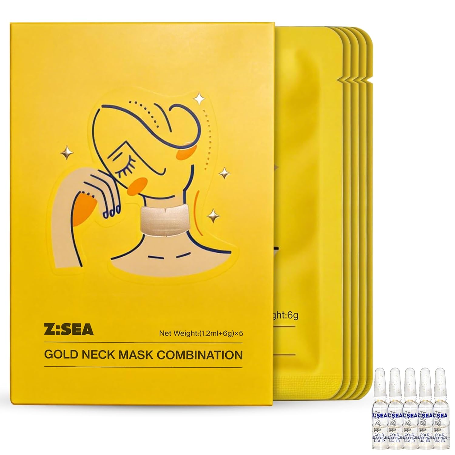 Z:SEA Collagen Cream Neck Mask & Gold Serum Set - 2-Step Anti-Aging Treatment for Crepey Skin | 5Ct