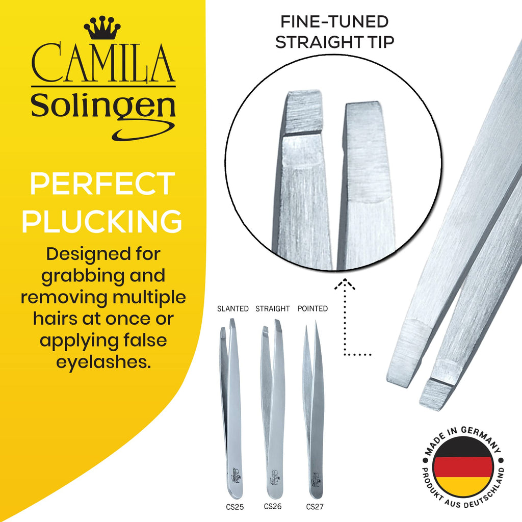 Camila Solingen CS26 4" Professional Surgical Grade Stainless Steel Precision Tip Eyebrow Tweezers for Facial Hair Shaping & Removal. Beauty Tool for Men/Women. Made in Solingen Germany (Straight)
