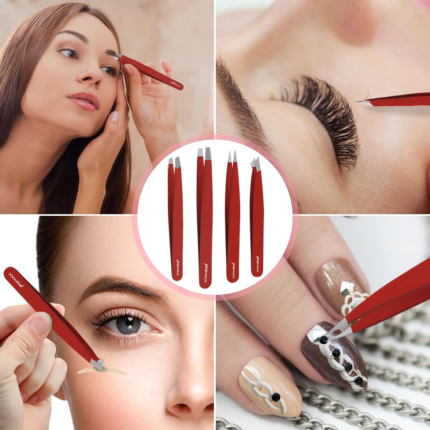 PromaxCare Tweezers Set - Professional Stainless Steel Tweezers for Eyebrows - Great Precision for Facial Hair, Splinter and Ingrown Hair Removal (Red)