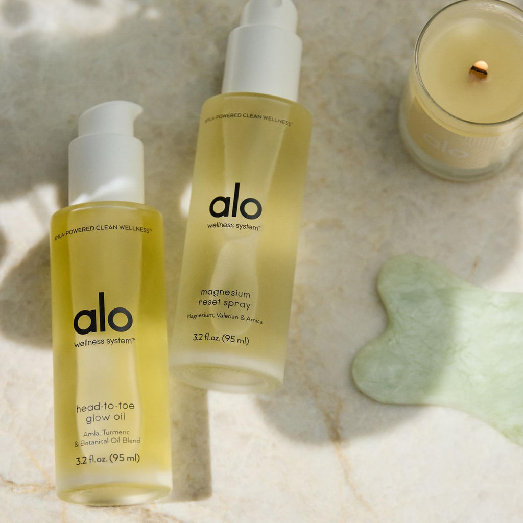 ALO Head-to-Toe Glow Oil + Travel | Glow-Boosting Natural Dry Body Oil | Jojoba, Amla, Aloe & Vitamin E | Hydrates & Nourishes Skin | Citrus Scent | 3.2 + 0.7 Oz