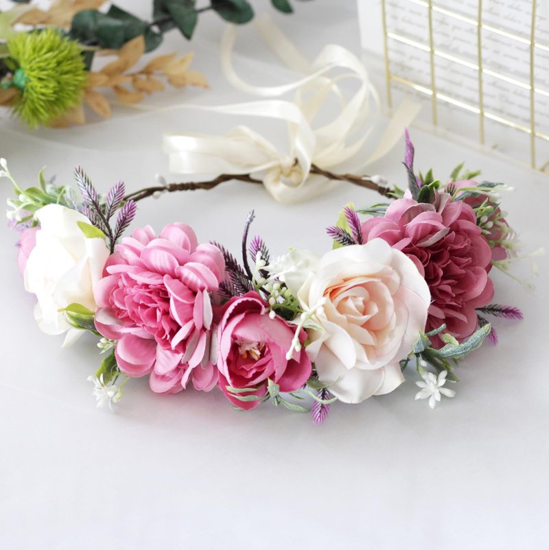 Vivivalue Fairy Floral Crown Flower Headband Woodland Headpiece Hair Wreath Forest Elven Circlet for Women Halloween Renaissance Wedding Bridal Cosplay Prom Photo Props Pink