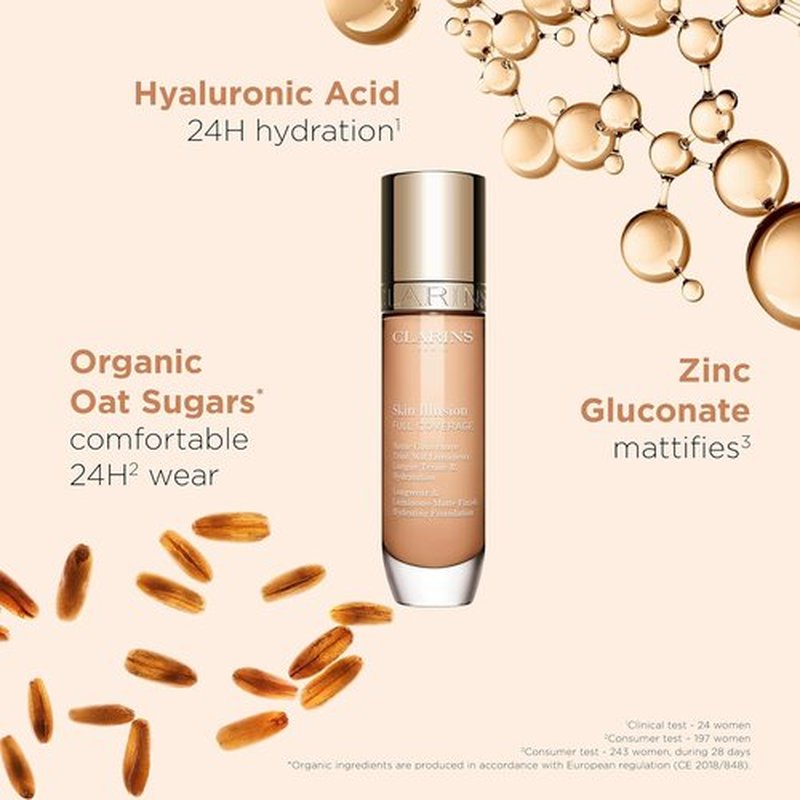 Clarins Skin Illusion Foundation - Longwear Full Coverage with Luminous Matte Finish | 24H Hydration & Hold | 1 Fl Oz