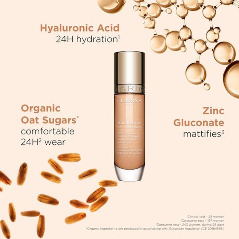 Clarins Skin Illusion Longwear Full Coverage Foundation|Luminous Matte Finish|24H Hold and 24H Hydration|Natural Looking|Transfer, Sweat and Smudge Proof| Contains Hyaluronic Acid|1 Fl Oz, 105N