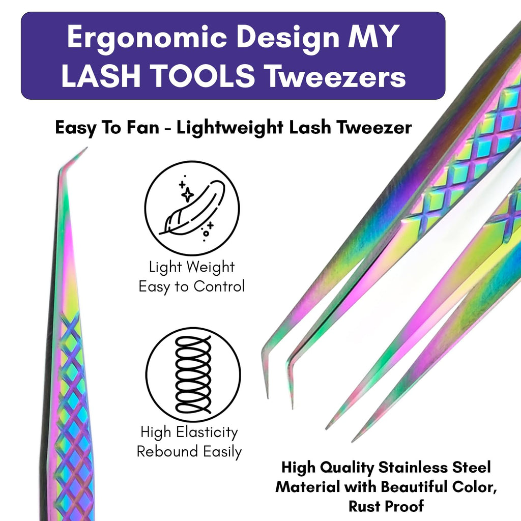 2pcs Curved & Straight Isolation Tweezers for Eyelash Extensions – 14cm Japanese Stainless Steel, Diamond Grip Non Slip Grip, Rainbow Set, Best for Classic & Individual Lashes