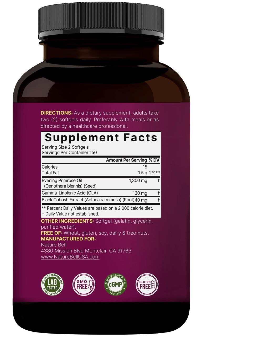 NatureBell Evening Primrose Oil with Black Cohosh, 1,300mg Per Serving, 300 Mini-Softgels | Cold Pressed Seeds, Retains 130mg GLA for Womens Health & Skin Care Support – Hexane Free, Non-GMO