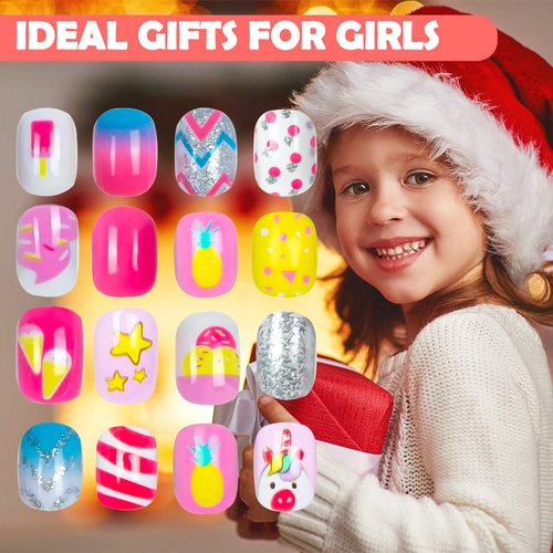 144 Pieces Fake Nails for Kids Girls Artificial Kids Press on Nails Full Cover Short Acrylic Stick On Nails False Nail Tips Kit for Children Little Girls Nail Art Decoration (pink style)