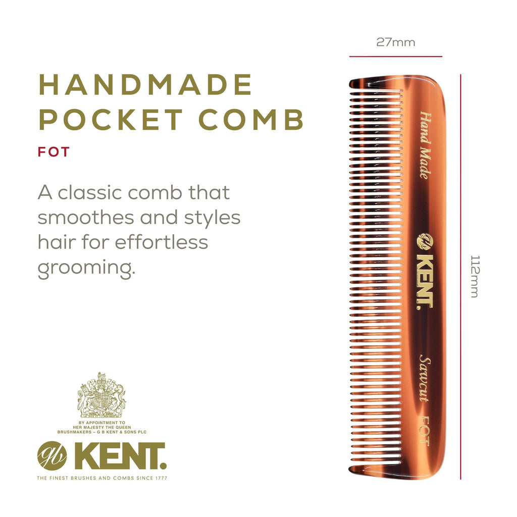 Kent FOT Tortoise Fine Tooth Handmade Pocket Comb for Men, Women and Kids, Hair Comb Straightener for Everyday Grooming and Styling, Beard and Mustache, Saw Cut and Hand Polished, Made in England