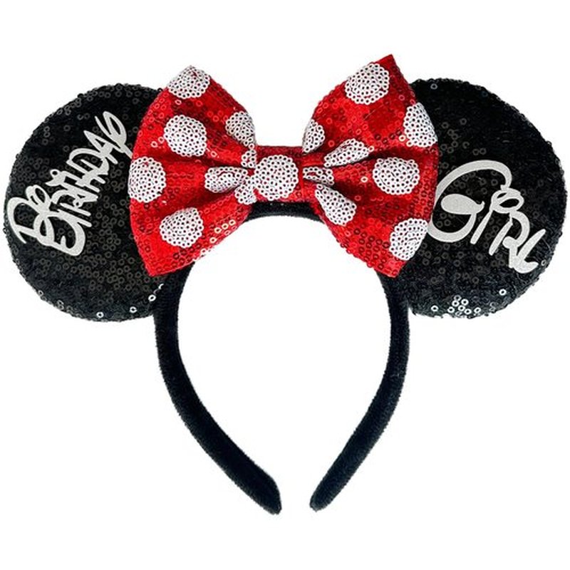 Tarocynn Birthday Mouse Ears Headband, Sequin Bow Headbands for Women Party Favors Cosplay Accessories (Black Birthday)