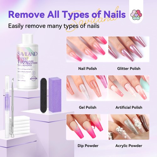 SAVILAND Nail Polish Remover Kit: 50 ML Acetone Nail Polish Remover Non-Drying Expert Gel Remover with Cuticle Oil & Tools Quick Removal for Nails Polish Acrylic Dip Powder DIY Salon