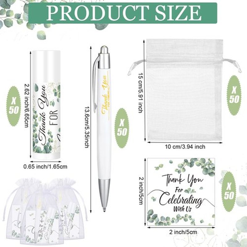 Heigble 50 Set Wedding Thank You Gifts, Thank You Lip Balm Bulk Retractable Ballpoint Pen Appreciation Card Organza Drawstring Gift Bag Bridal Shower Gift for Guest Wedding Party(Eucalyptus Leaf)