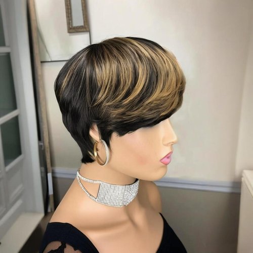 Short Layered Pixie Cut Wig Human Hair for Black Women Multicolor Brazilian Virgin Straight Human Hair Pixie Wigs with Bangs Glueless None Lace Front Full Machine Made Wigs Black and Blonde 1B27