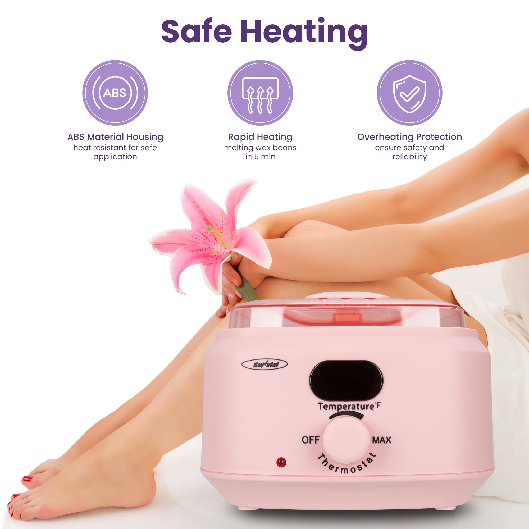 Sunvivi Wax Kit Digital Hair Removal Waxing Kit for Women & Men, Hot Wax Warmer Pot with 5 Bag Hard Wax Beads, Wax Melt Warmer Kit for Full Body, Legs, Face, Bikini,Sensitive skin, Pink