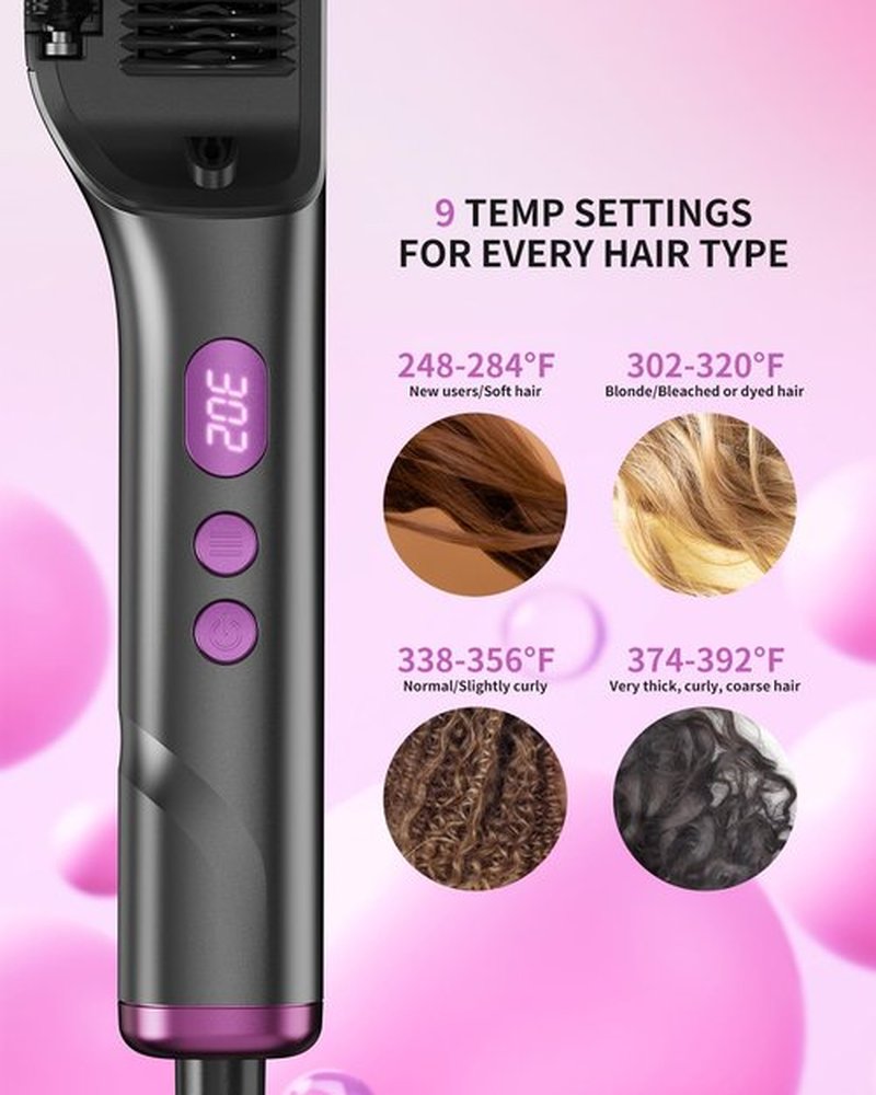 Hair Straightening Brush Hot Oil 9 Temp Ionic Hair Straightener Comb with LED Display, Fast Heating PTC Tech & Heat Shield, Auto Shut-Off Kaasage 2-in-1