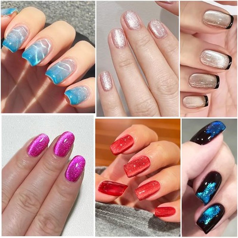 Fcozpjk Cat Eye Gel Nail Polish, Sparkle Glitter Cat Eye Gel Nail Polish Set with Magnet Stick Top & Base Coat, Pink Wine Red Blue Silver Cateye Nail Gel Kit Salon Gel Manicure Supplies 6 Colors