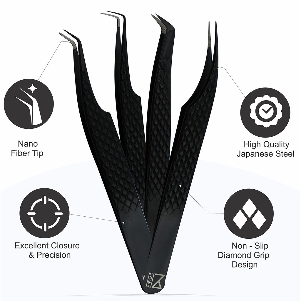 M LASH tweezers for Eyelash Extension (Set of 4) - Professional & Precision Eyelash tweezers - Japanese Steel, Diamond Grip, Fiber Tip V3 lash applicator tool (Black)