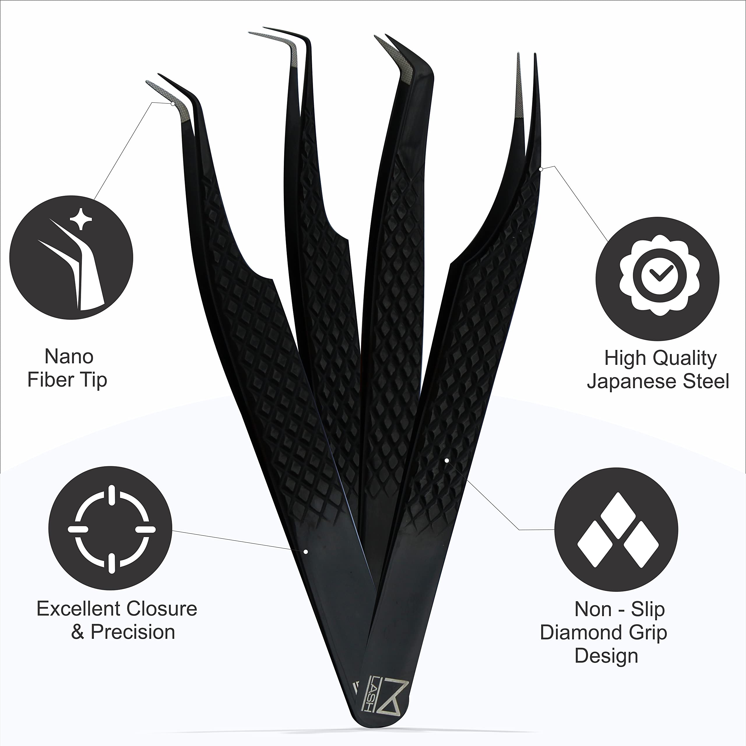 M LASH tweezers for Eyelash Extension (Set of 4) - Professional & Precision Eyelash tweezers - Japanese Steel, Diamond Grip, Fiber Tip V3 lash applicator tool (Black)