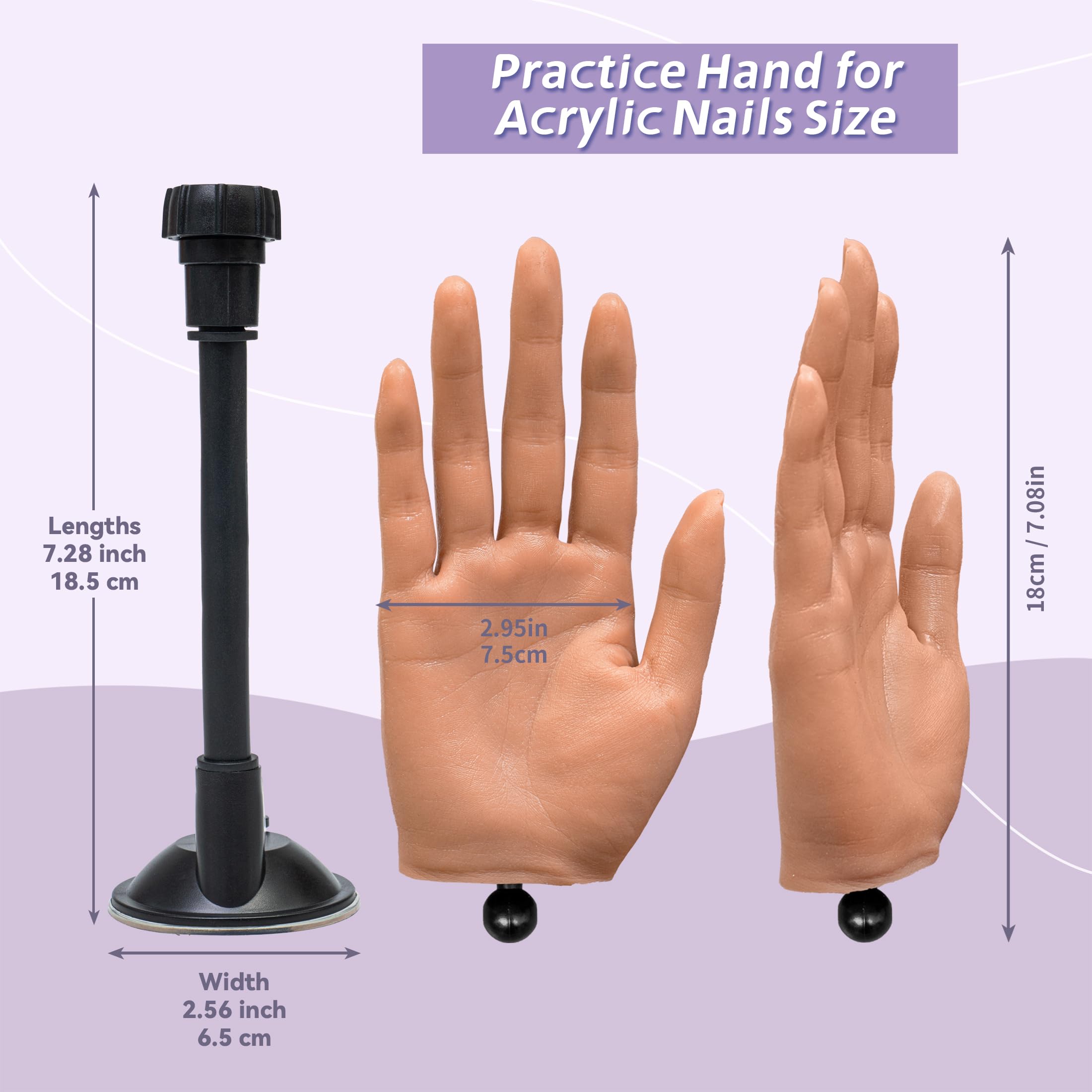 Veikmv Practice Hand for Acrylic Nails,Realistic Silicone Mannequin Hand with Flexible Fingers for Acrylic Nails, Gel Polish Training, Complete Nail Art Beginner Set with Brush & File