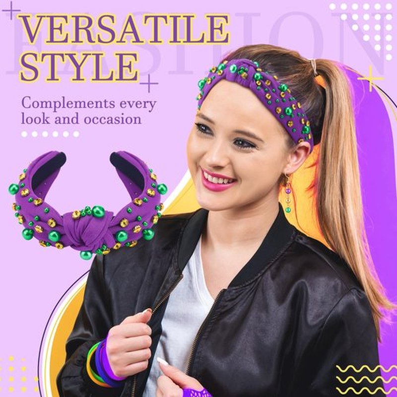Hoolerry 2 Pieces Mardi Gras Hairband for Women with Earrings Green Yellow Rhinestone Pearl Purple Knotted Headband Woman Head Accessories for Carnival Holiday Decor Woman Gift