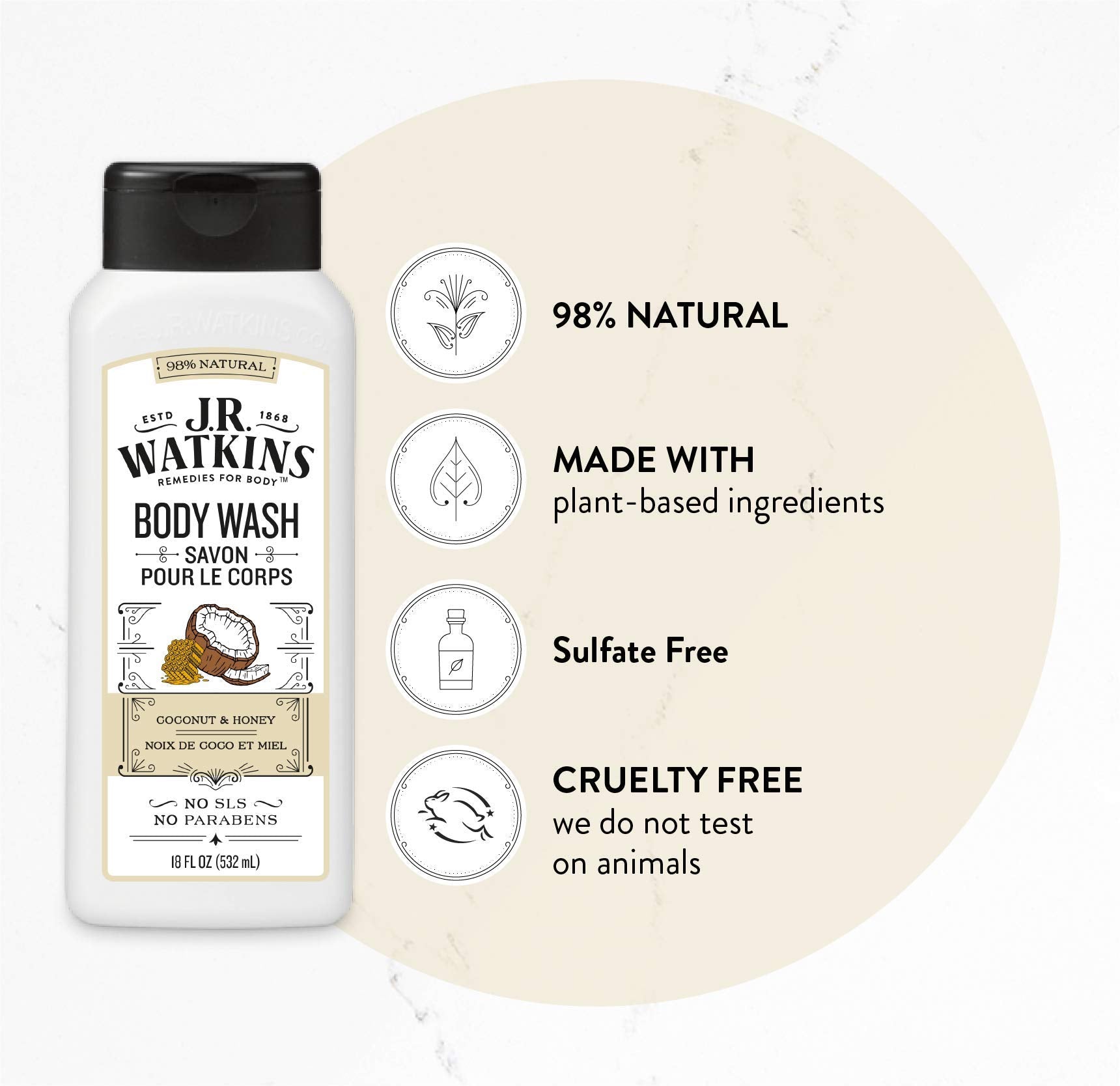 J.R. Watkins Daily Moisturizing Body Wash, Coconut Milk & Honey, 18 ounce (Pack of 6)