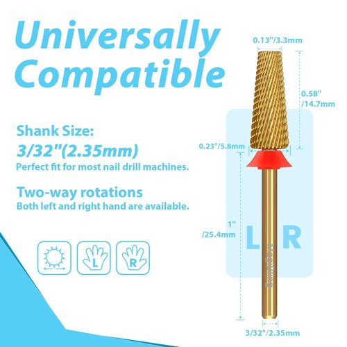 MagiBling Cross Cut Nail Drill Bits, 3/32'' Professional Middle Size Tungsten Carbide Tapered Barrel Bit, Left and Right Hand Use, Manicure Pedicure Cuticle Soft Hard Gel Polish Fast, Fine