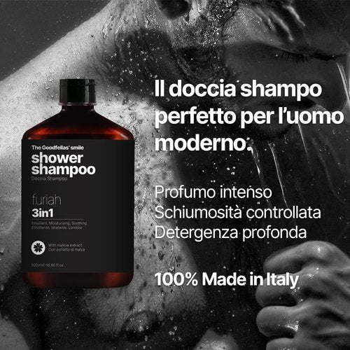 Goodfellas' Smile FURIAH 3-in-1 Shower Shampoo - Bold Leather & Wood Scent | Hydrating Body Wash & Hair Cleanser for Men | Made in Italy
