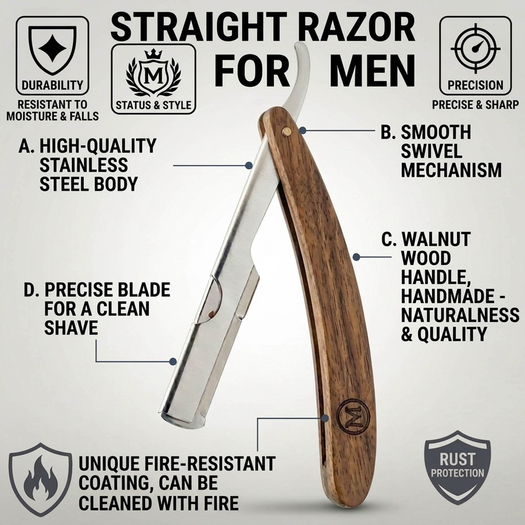 Straight Razor for Men Dark Brown Textolite Handle Stainless Steel Barber Razor Manual Shaving Razor Close Shave Folding Straight Edge Razor Durable Blade Arm Grooming Tool 6.00 Inch