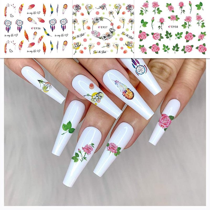 WOKOTO 44 Sheets Feather Nail Art Stickers - 3D Nail Decals with Flowers, Animals - Self-Adhesive Flower Nail Stickers for Women & Girls Acrylic Nails