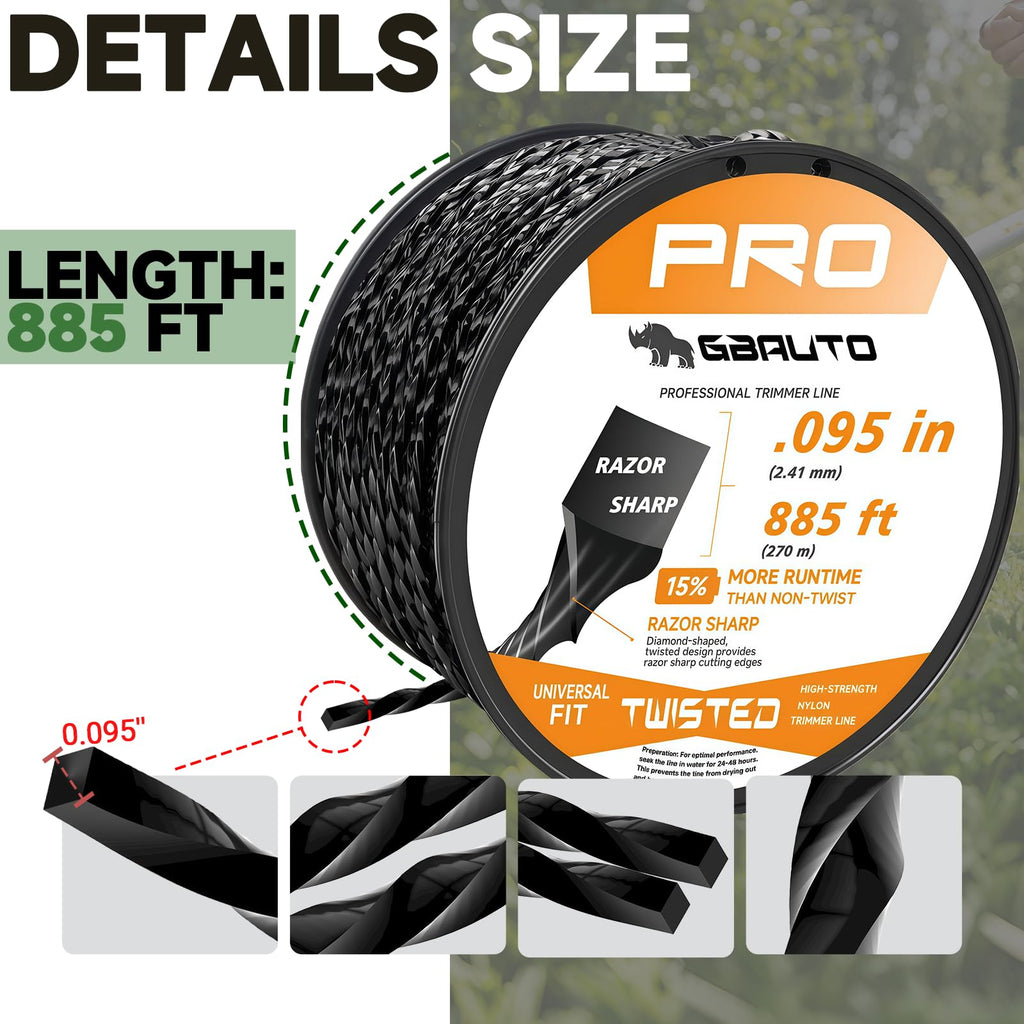 String Trimmer Line, 885ft 0.095" for Black Diamond Trimmer Weed Eater String Replacement, Premium Nylon Universal, Professional Twisted Weed Wacker String with Built-in Line Cutter (Upgraded version)