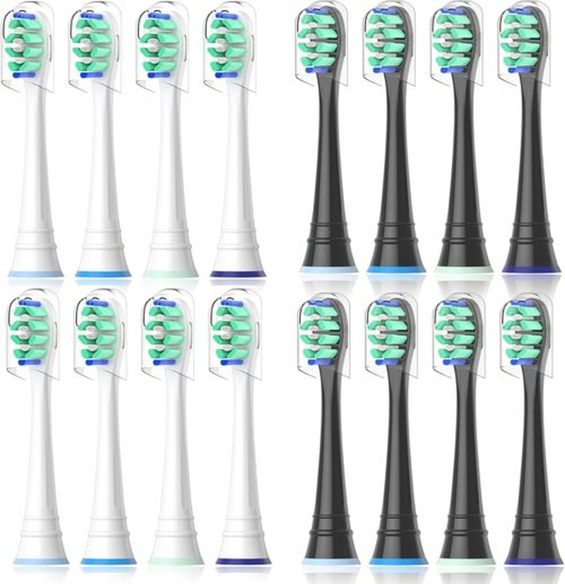Philips Sonicare Replacement Brush Heads - Compatible with 4100, 5100, 6100, 9900 | 16 Pack (8 White + 8 Black)