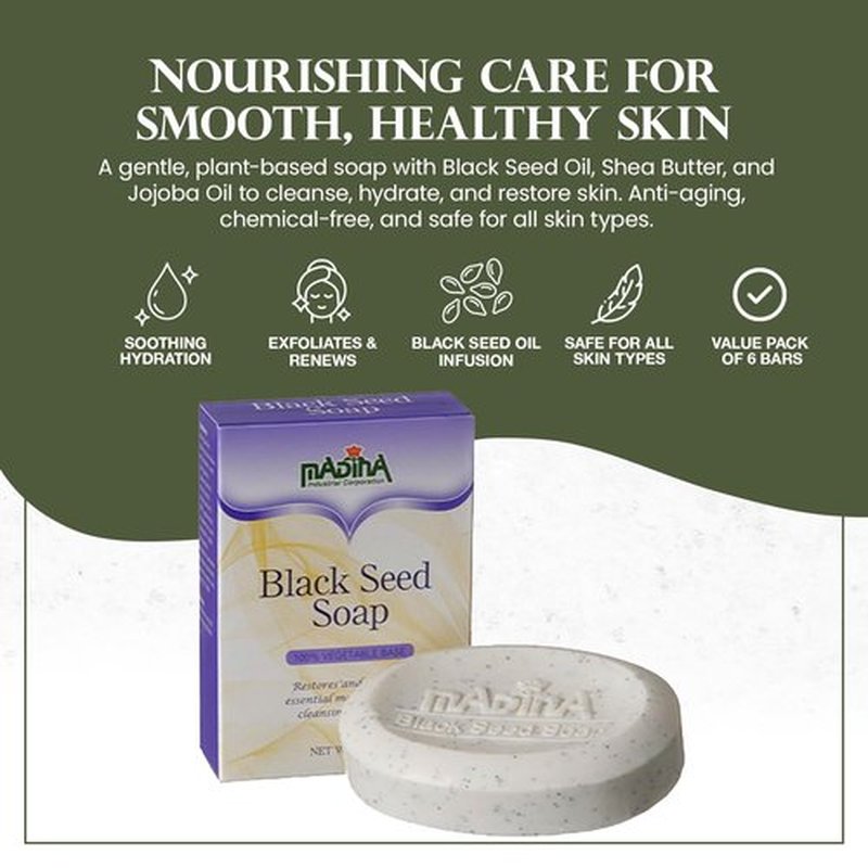 Madina Black Seed Soap Bar – Moisturizing, Anti-Aging, Deep Cleansing, Black Seed Oil, Shea Butter, Jojoba Oil, Plant-Based, Gentle Face & Body Cleanser, 6 Pack (3.5 oz Each)