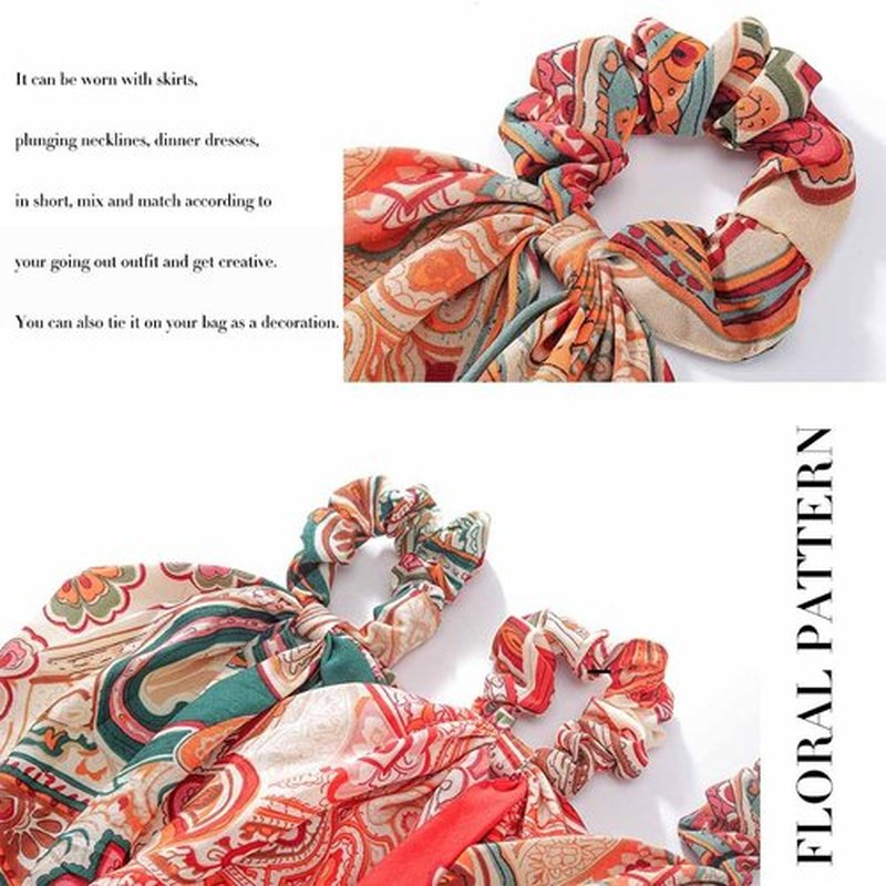 Jewemia Boho Hair Scarf Scrunchies for Women Bow Hair Ties Floral Hair Scrunchies Silk Elastic Ponytail Holder Hair Accessories for Girls 4 pcs (Boho)