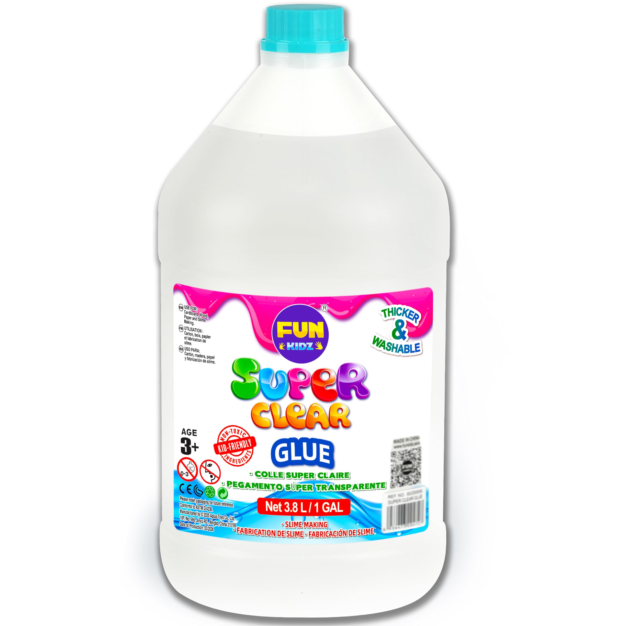 Super Clear Glue 1 Gallon, FunKidz All Purposes School Home Projects Liquid Glue Great for Slime Making Supplies Washable Non-Toxic Use for Arts & Crafts Wood Paper Cardboard