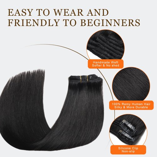 Miskoey Clip in Hair Extensions Real Human Hair, Invisible Seamless Straight Remy Human Hair Extensions Clip ins for Women (1B Natural Black, 18'')