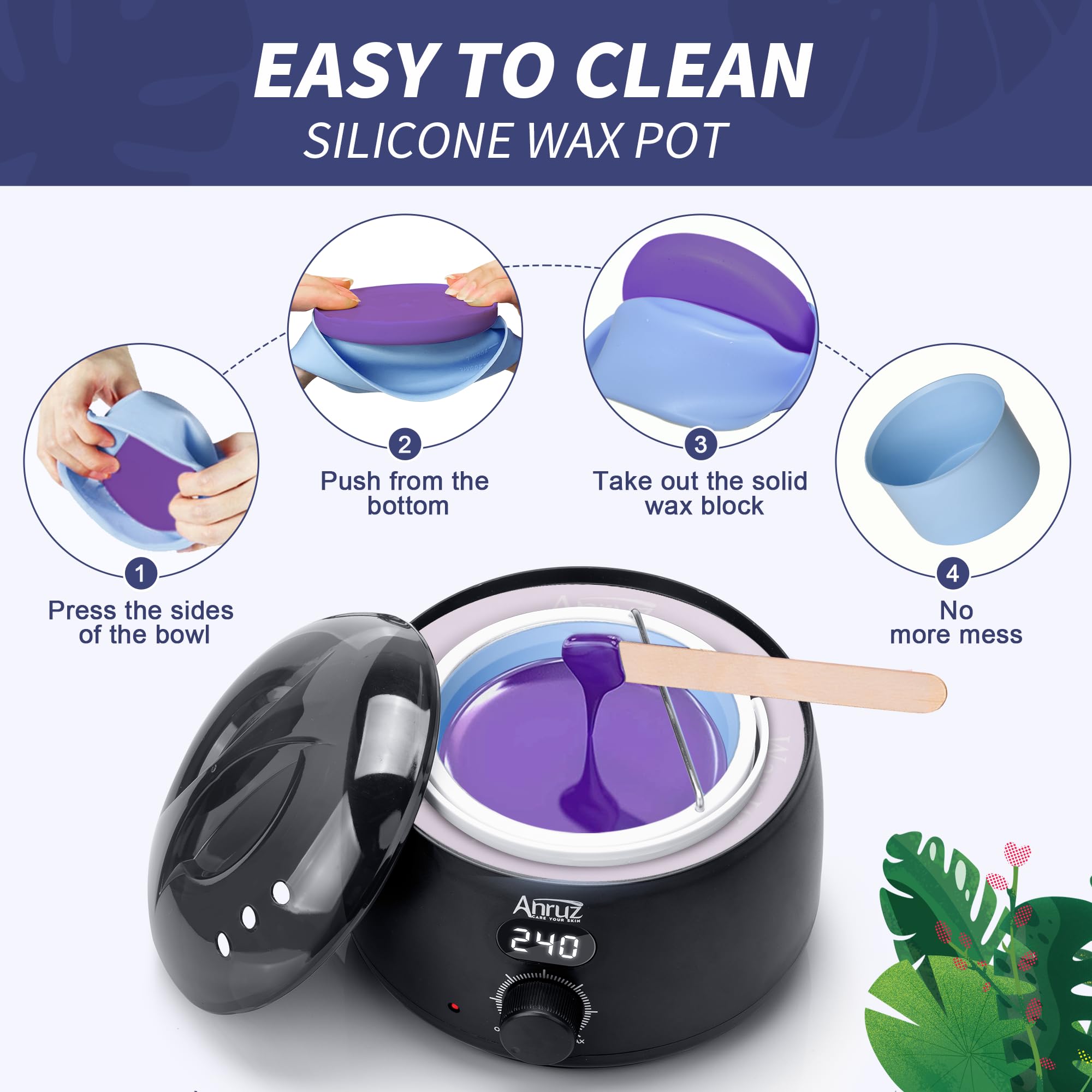Waxing Kit- Anruz Women Men Wax Kit for Hair Removal - For Sensitive Skin, Eyebrows, Brazilian, Face, Bikini - Home Use Digital Wax Warmer with 5 Bags Hard Wax Beads (17.5 oz. total)