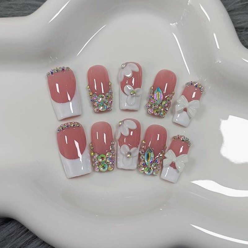 TENPAL Handmade Press on Nails Medium Long Square - Sheer Nude French Tip Fake Nails with 3D Floral, Full Cover Glitter 3D Bow Design False Nail Tips for Women Girls Daily Wear Parties Gifts(S)