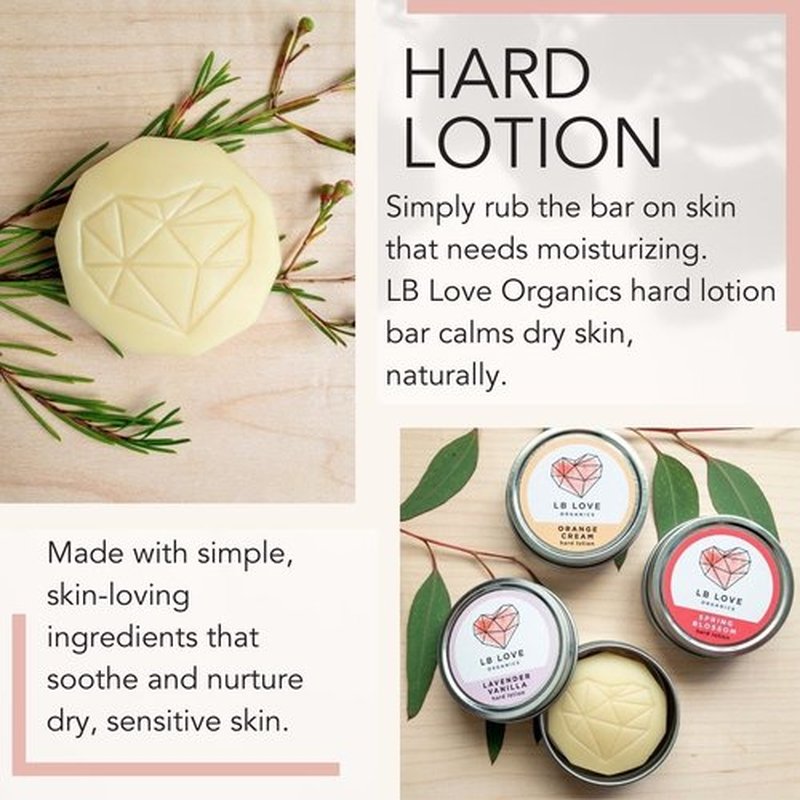 LB Love Organics Hard Lotion Bar | Lavender Vanilla Scent | Organic Beeswax Solid Hand Lotion for Dry Hands and Feet | Handmade Valentine | Travel Friendly