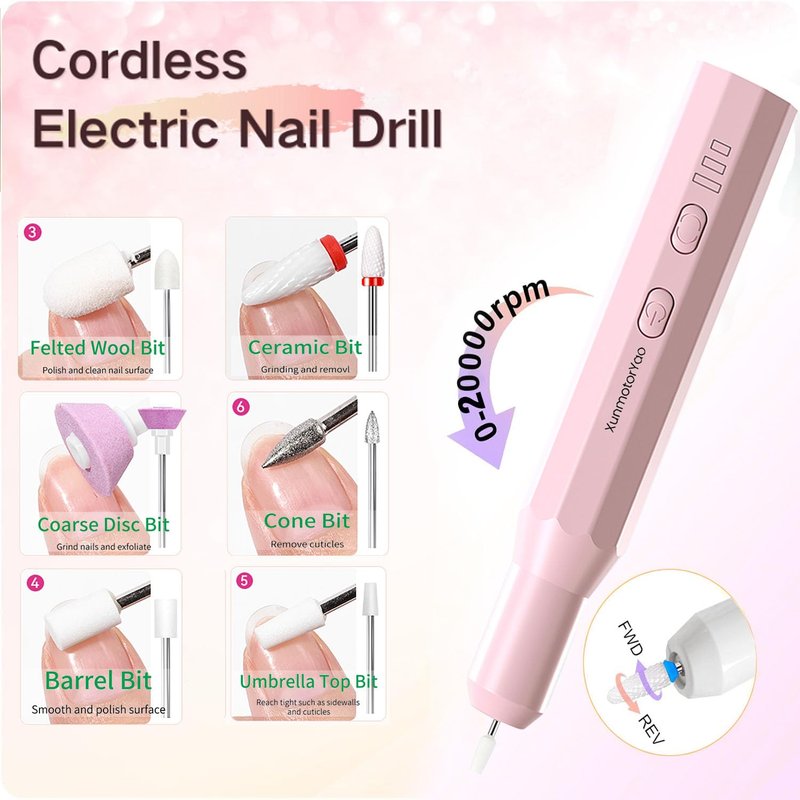 XunmotorYao Cordless Nail Drill Kit,Electric Nail File for Acrylic Gel Nails 3 Speeds Adjustable Rechargeable Electric Nail Tools Manicure and Pedicure Kit for Home&Salon(Pink)