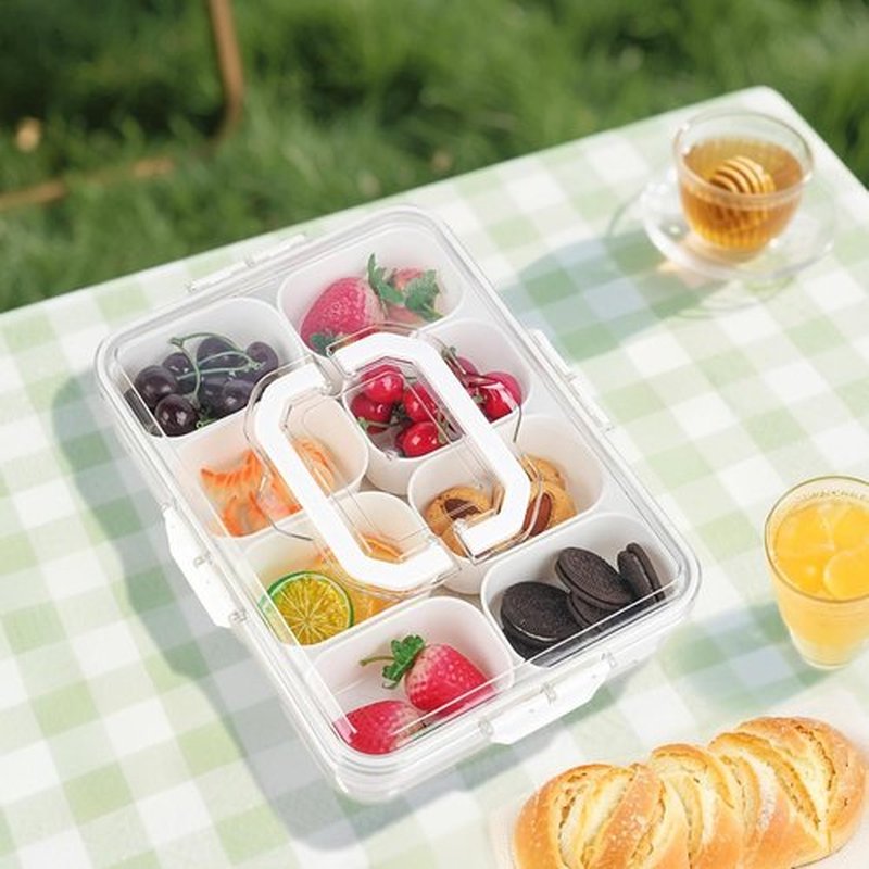 Snackle Box - 8-Compartment Portable Snack Container with Lid & Handle | Clear Serving Tray for Parties
